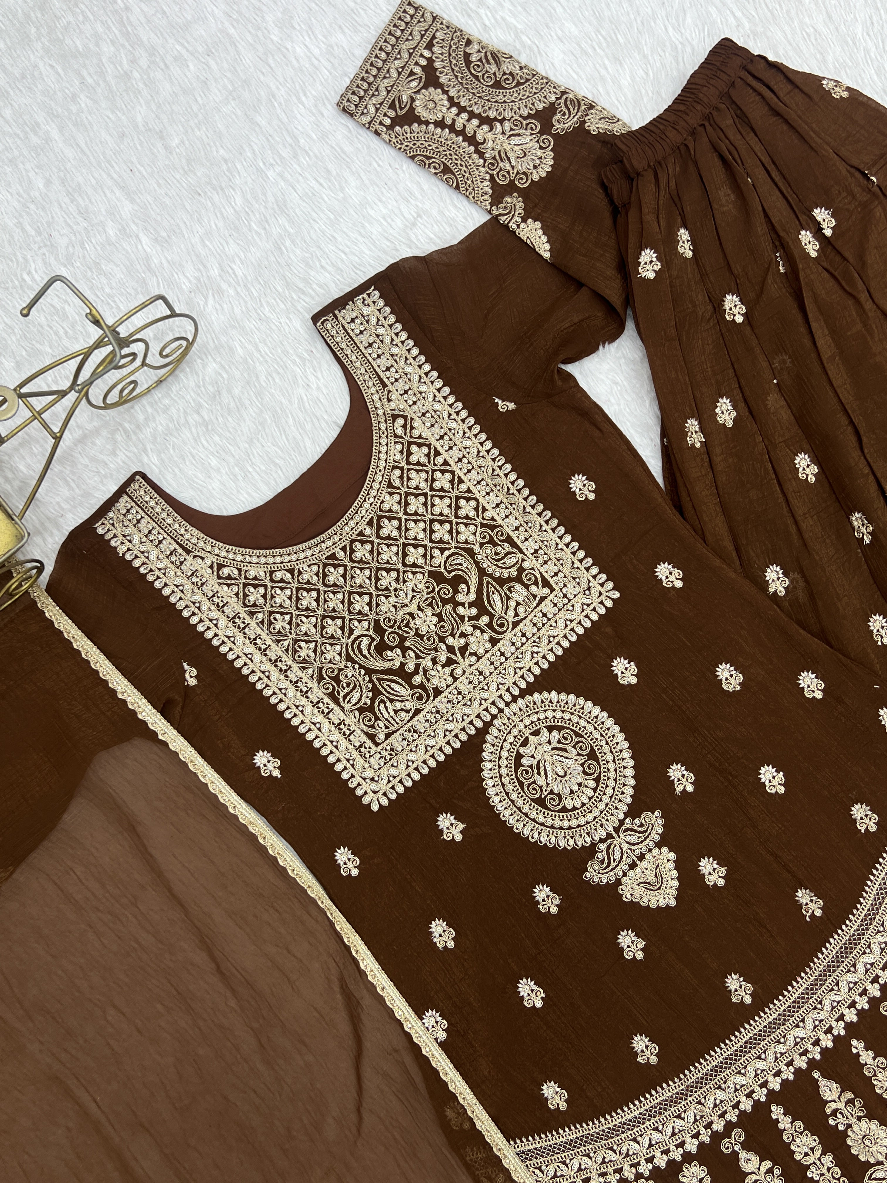 Dark Mehendi Pure Soft Crunchy Silk  Fancy Embroidery Jari Work Sharara