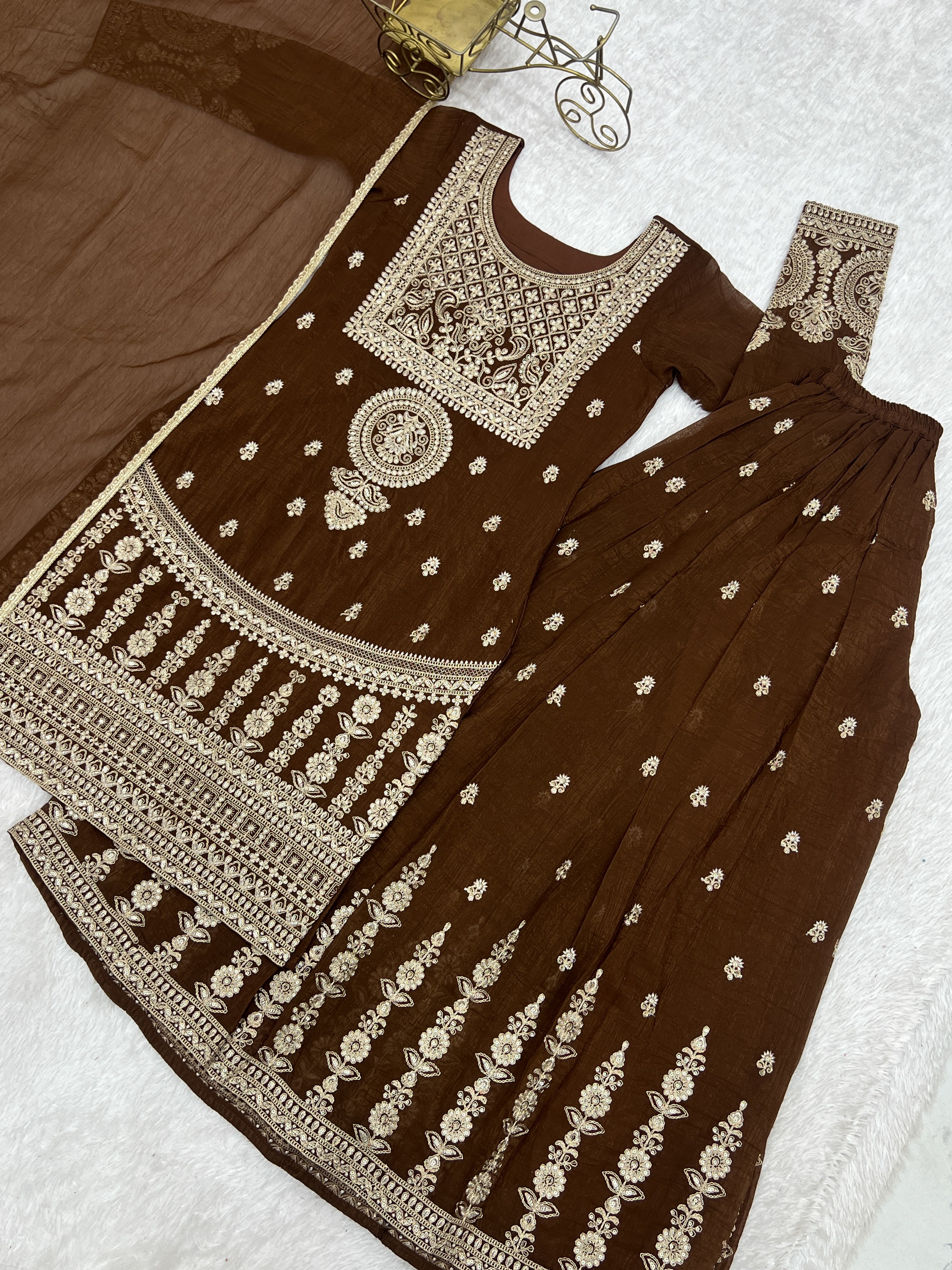 Dark Mehendi Pure Soft Crunchy Silk  Fancy Embroidery Jari Work Sharara