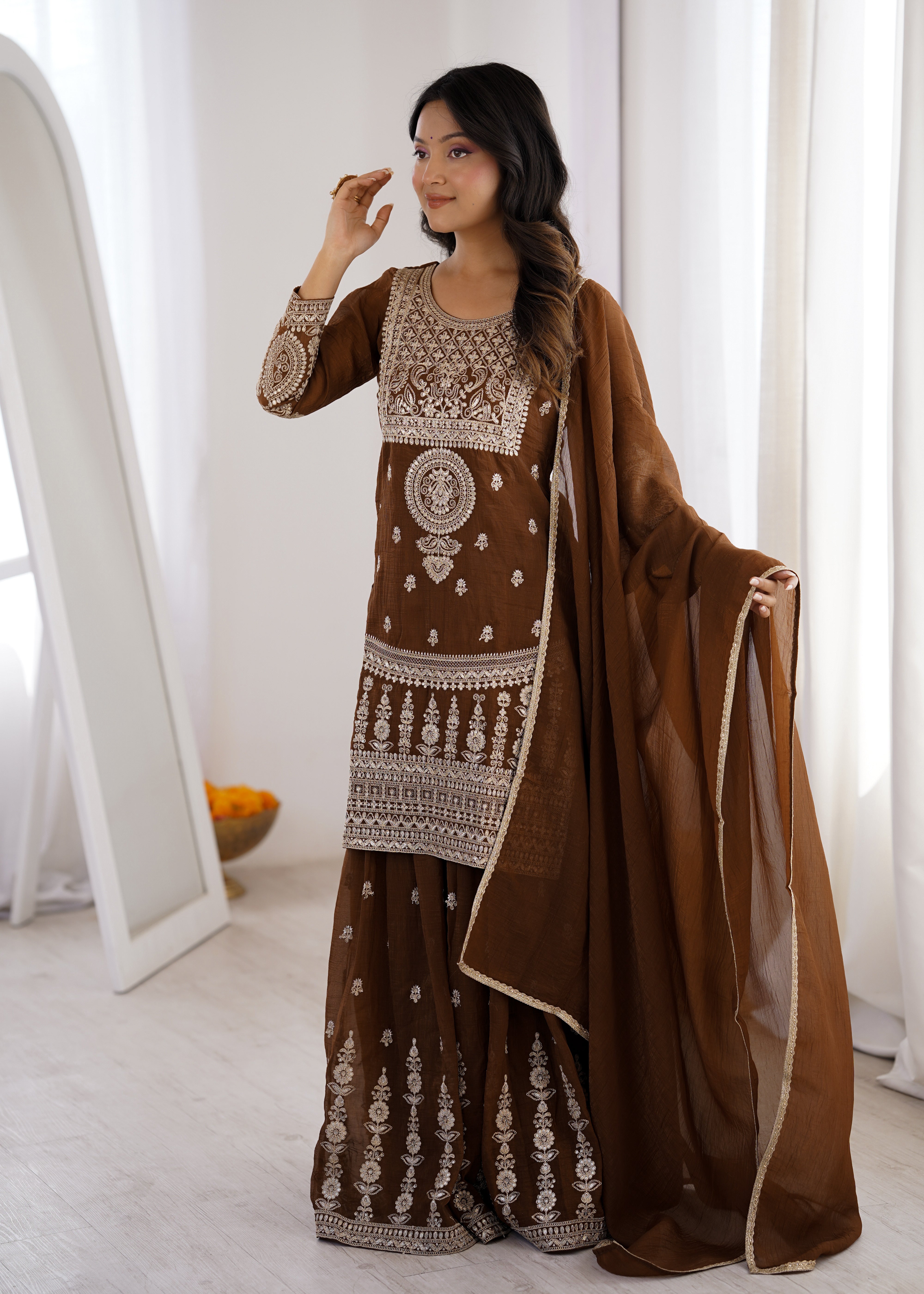 Dark Mehendi Pure Soft Crunchy Silk  Fancy Embroidery Jari Work Sharara