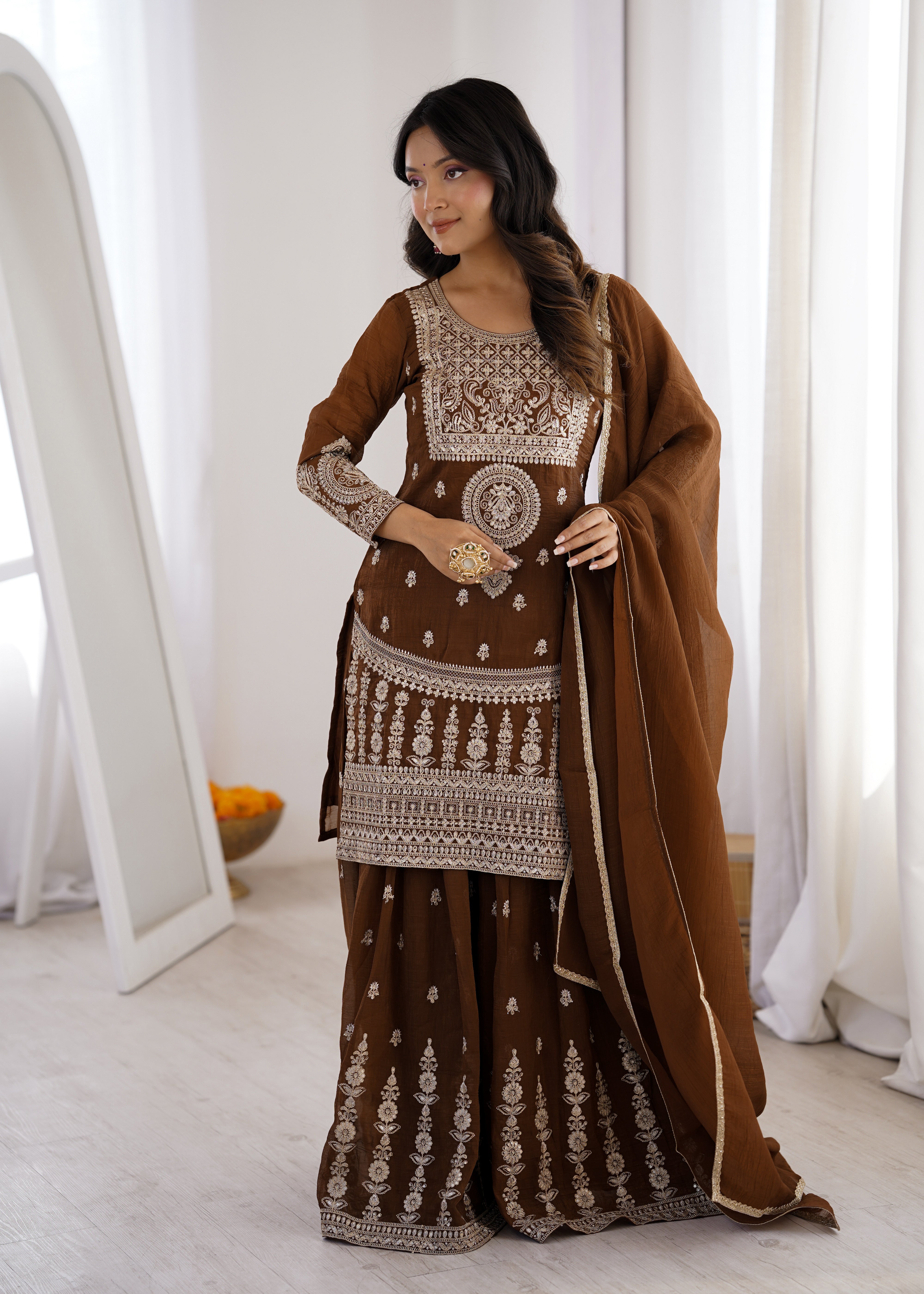 Dark Mehendi Pure Soft Crunchy Silk  Fancy Embroidery Jari Work Sharara