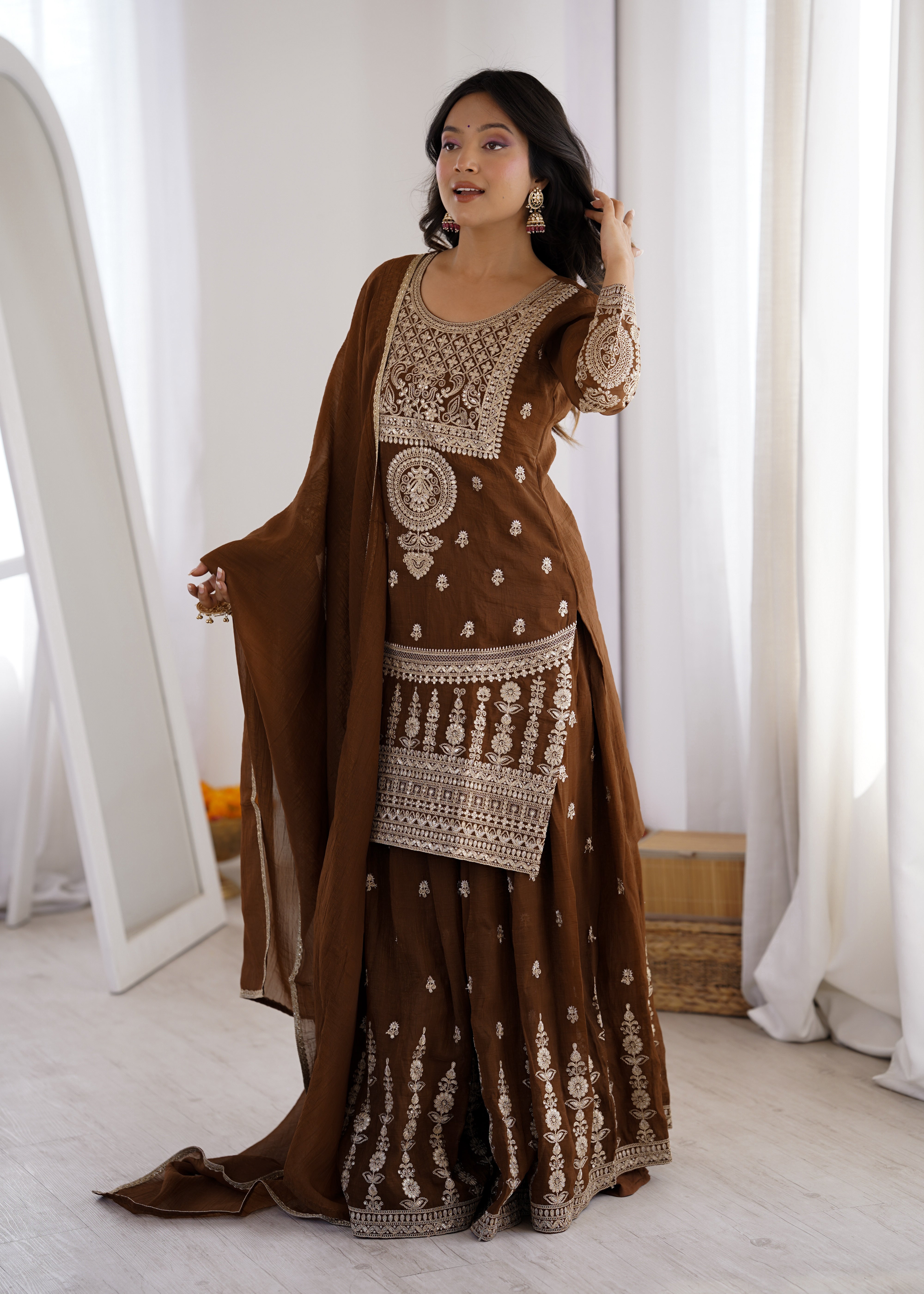 Dark Mehendi Pure Soft Crunchy Silk  Fancy Embroidery Jari Work Sharara