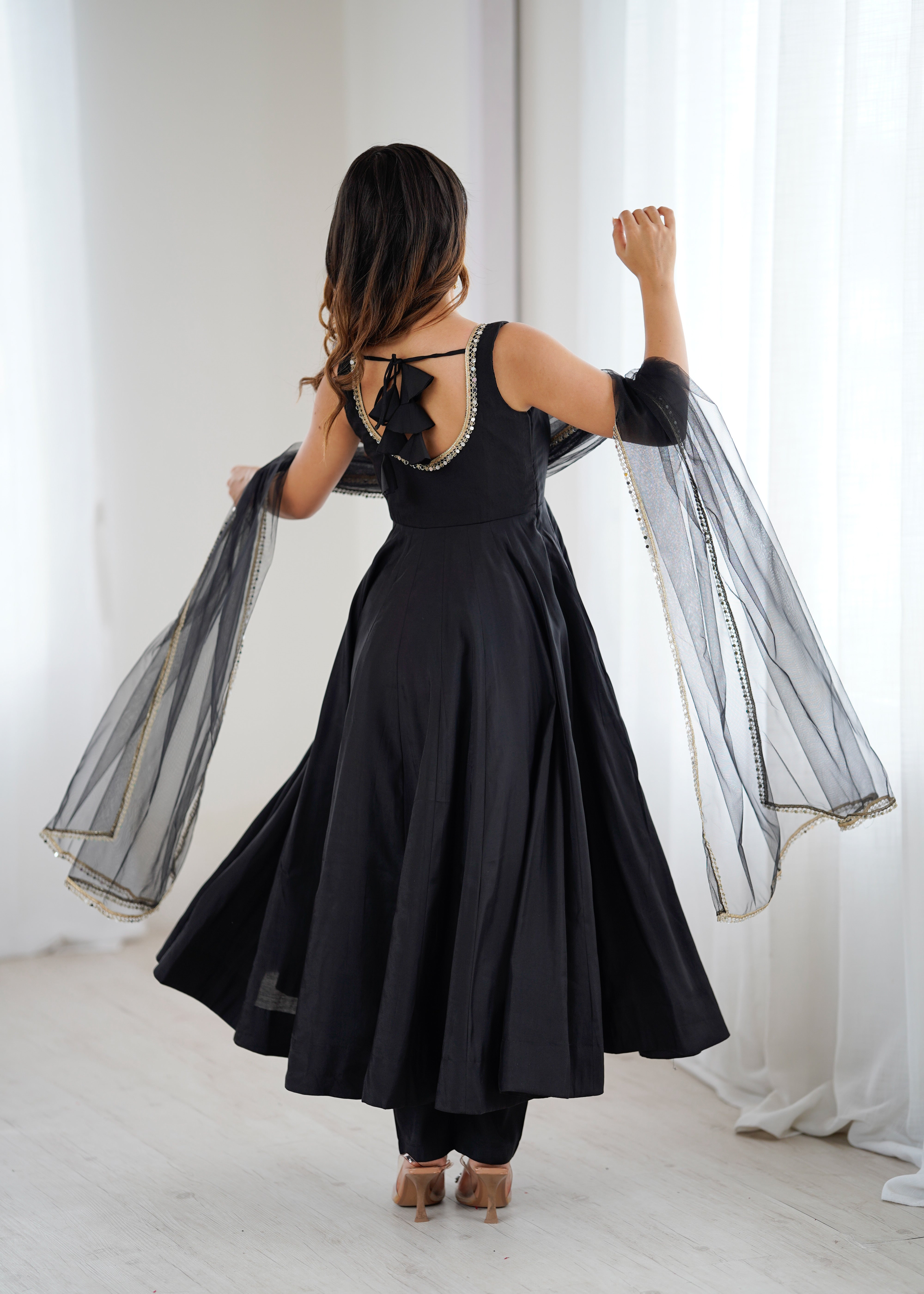 Black Color Wedding Chanderi Fabric Anarkali Suit