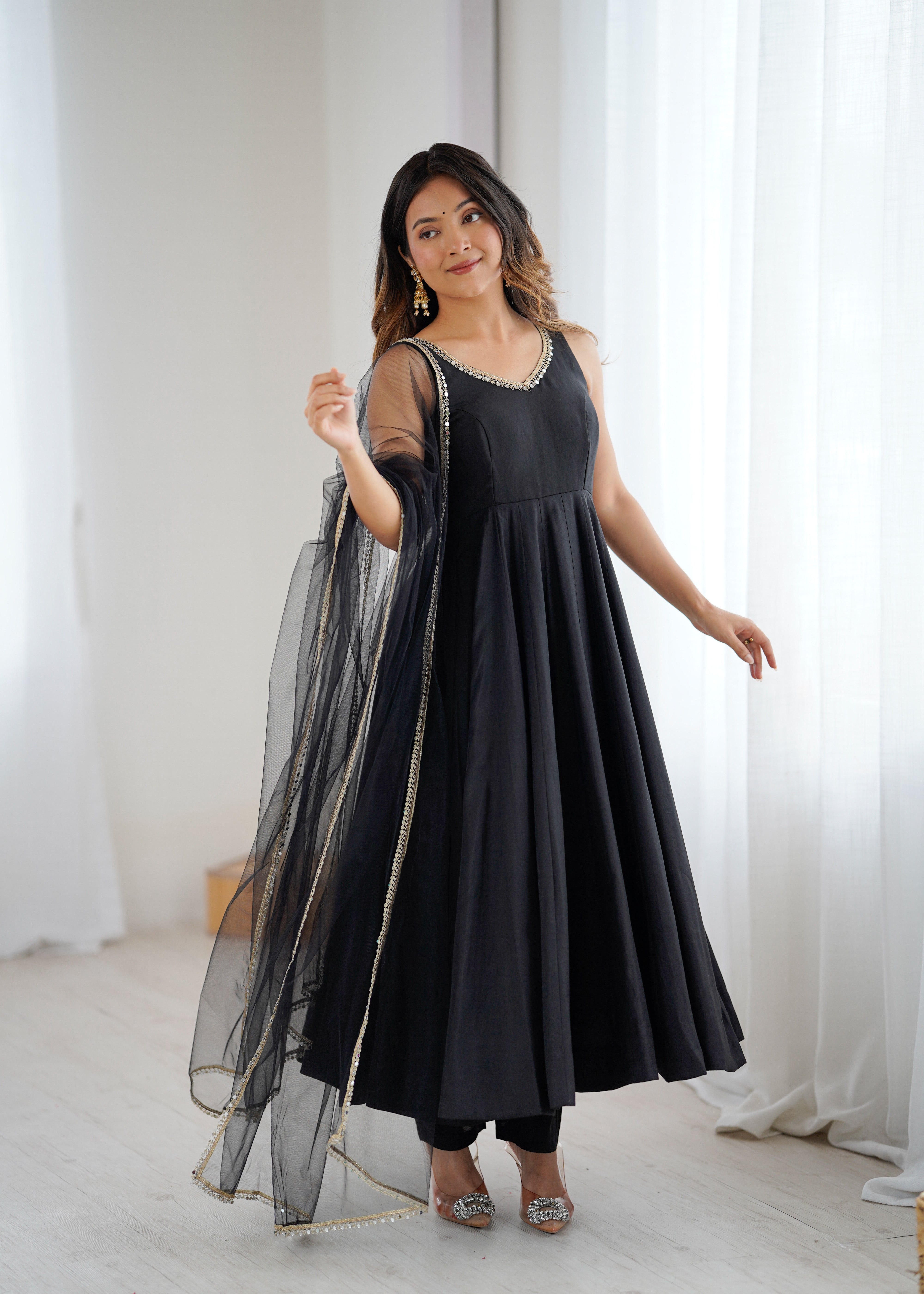 Black Color Wedding Chanderi Fabric Anarkali Suit