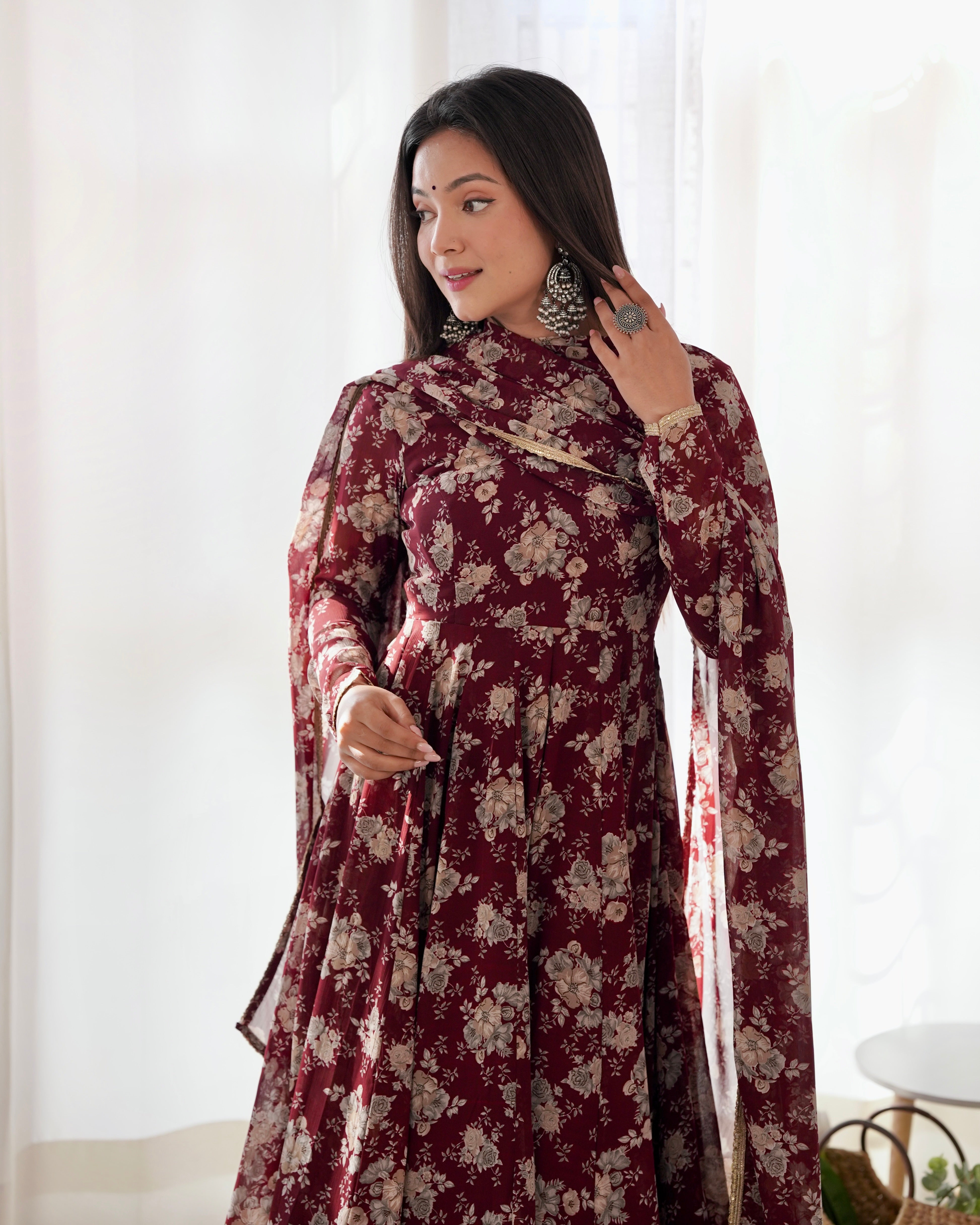 Dark Maroon Heavy Pure Fox Georgette Multi Floral Print Suit