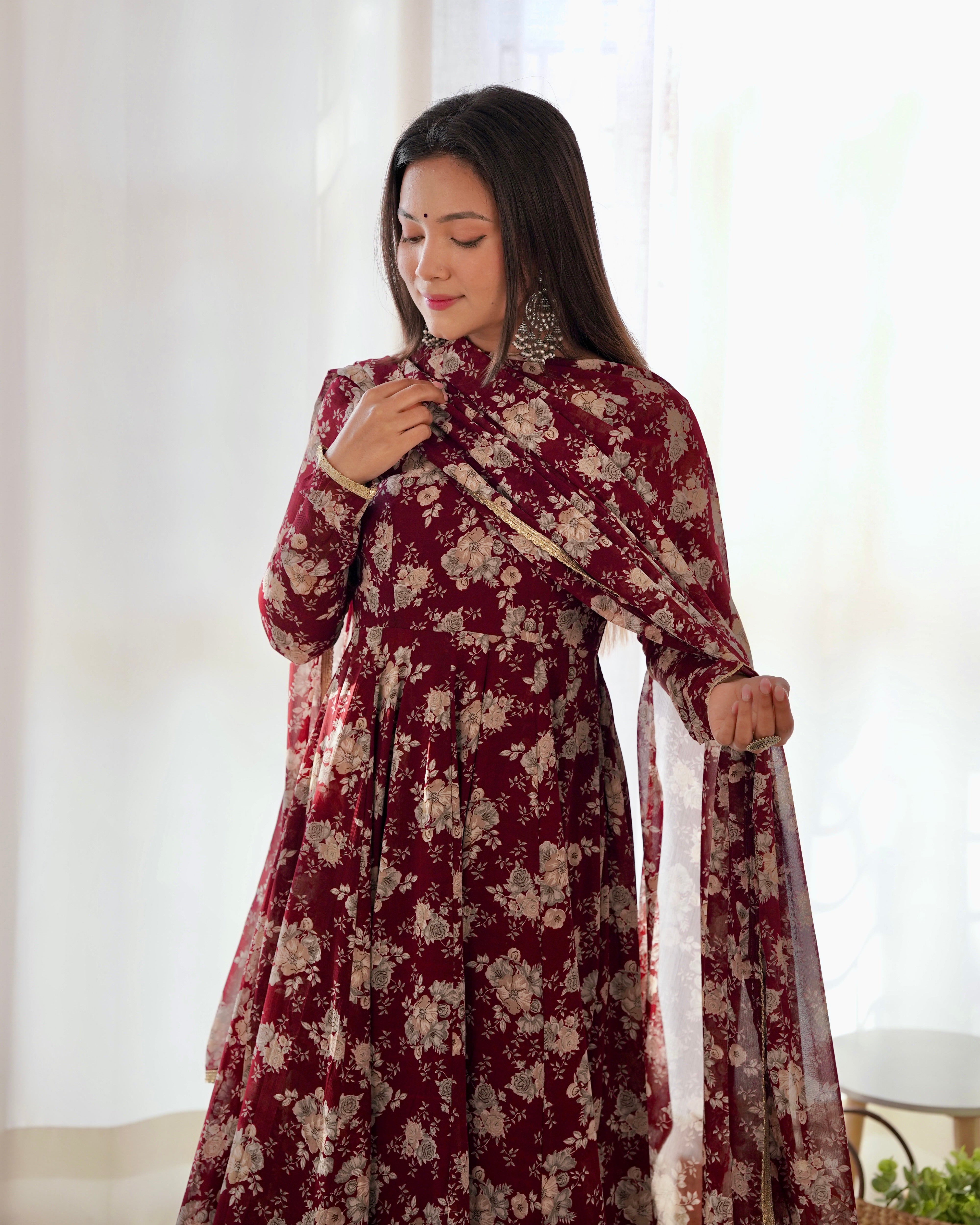 Dark Maroon Heavy Pure Fox Georgette Multi Floral Print Suit