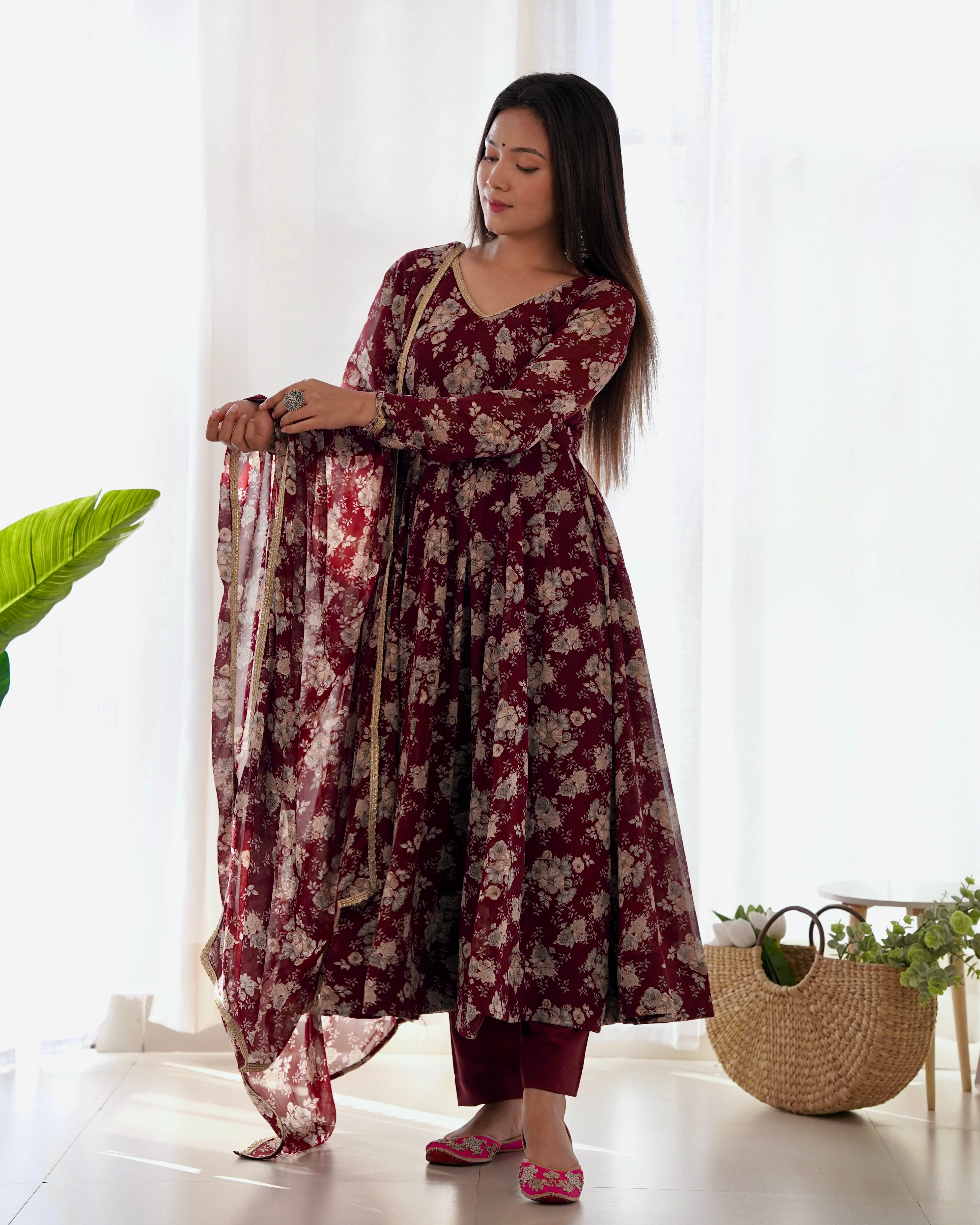 Dark Maroon Heavy Pure Fox Georgette Multi Floral Print Suit