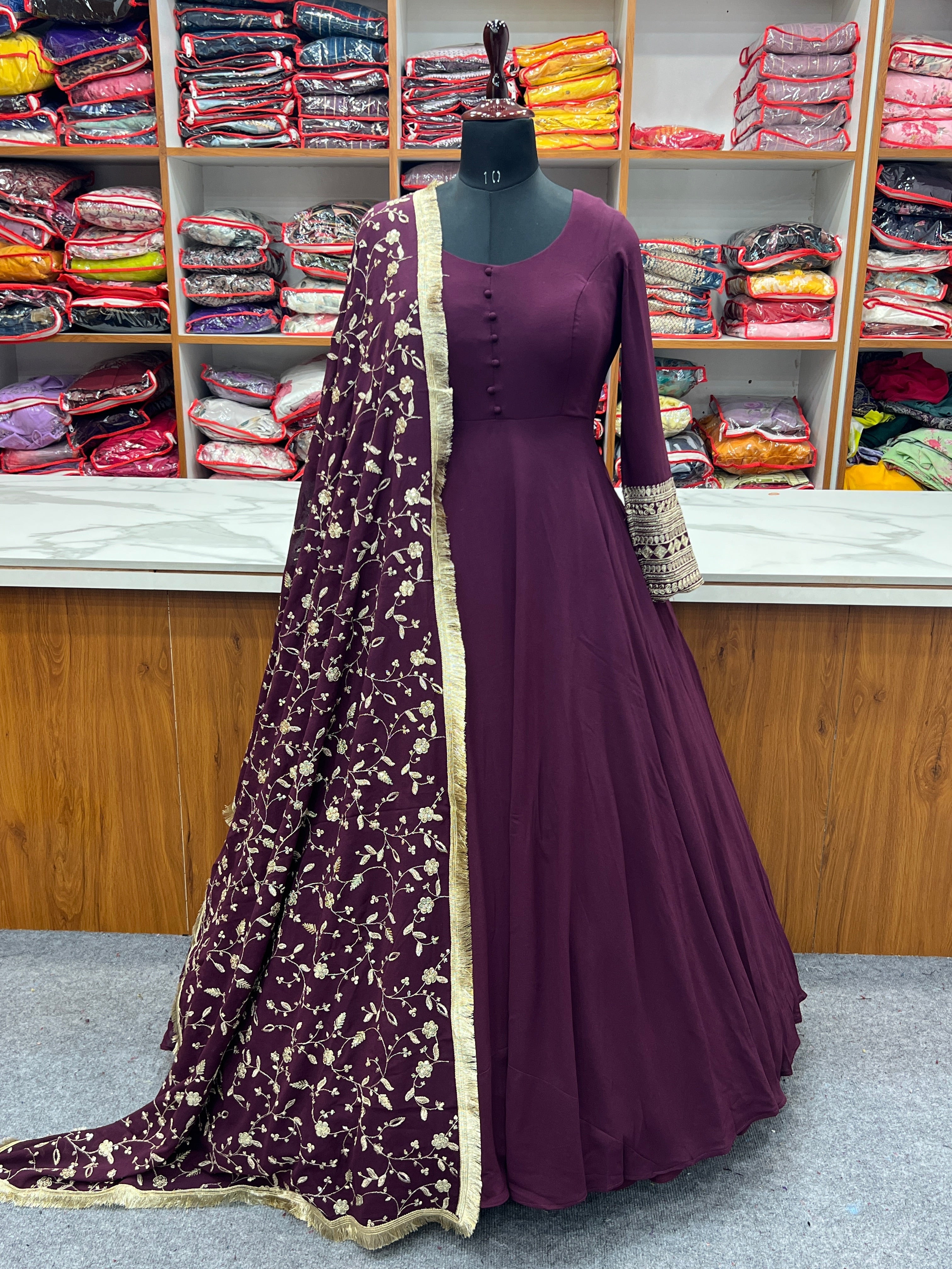 Wine Colour New Georgette Anarkali Gown Duppta Full Set With Pent