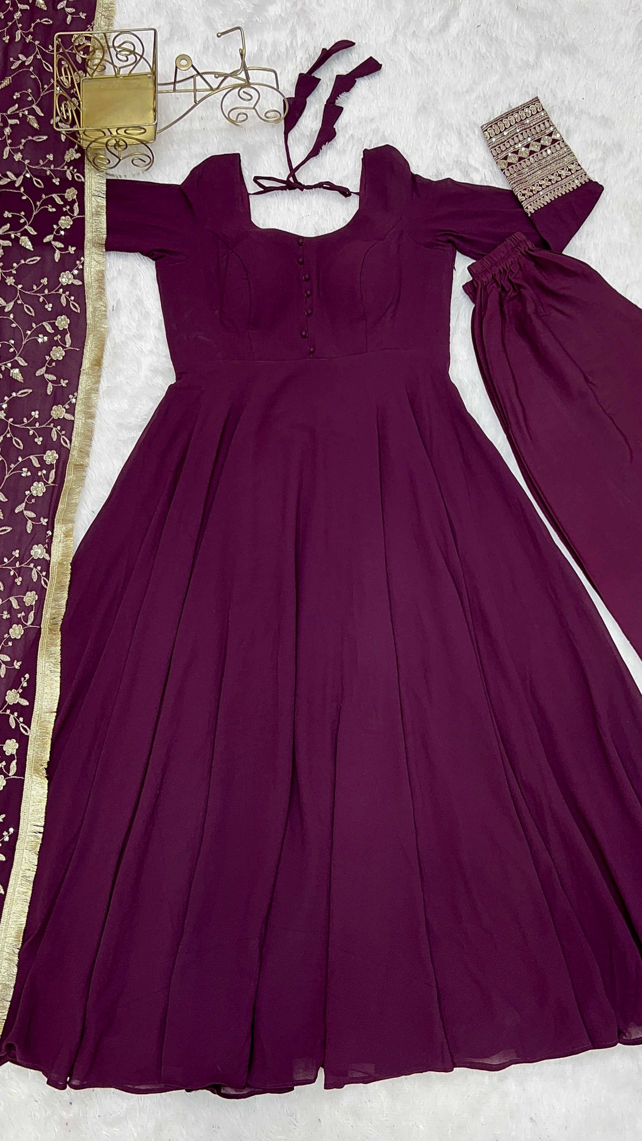 Wine Colour New Georgette Anarkali Gown Duppta Full Set With Pent