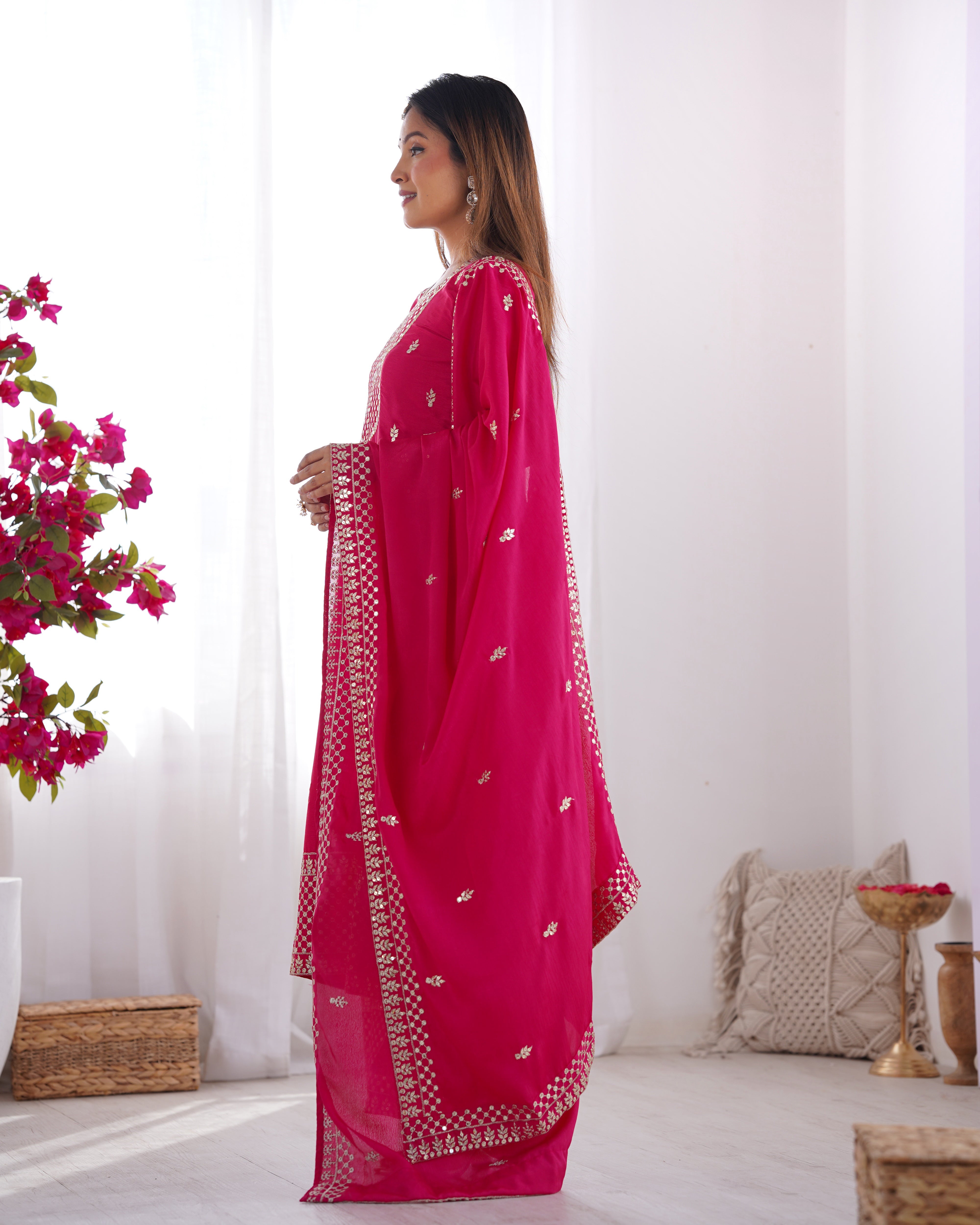 Pink Pure Chinon Silk Fabric With Beautiful Embroidery Sequence And Jari Work Plazzo Set