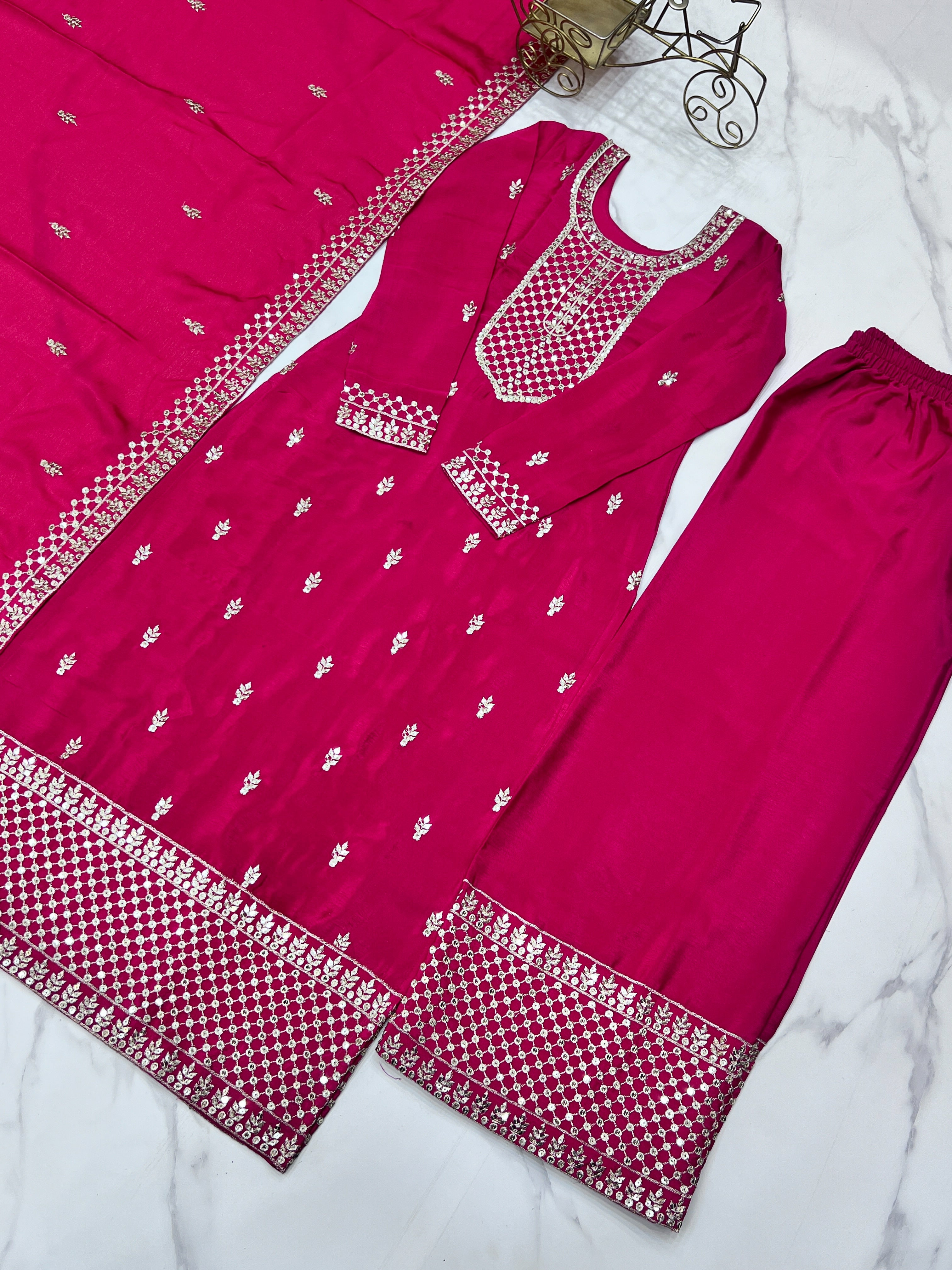 Pink Pure Chinon Silk Fabric With Beautiful Embroidery Sequence And Jari Work Plazzo Set