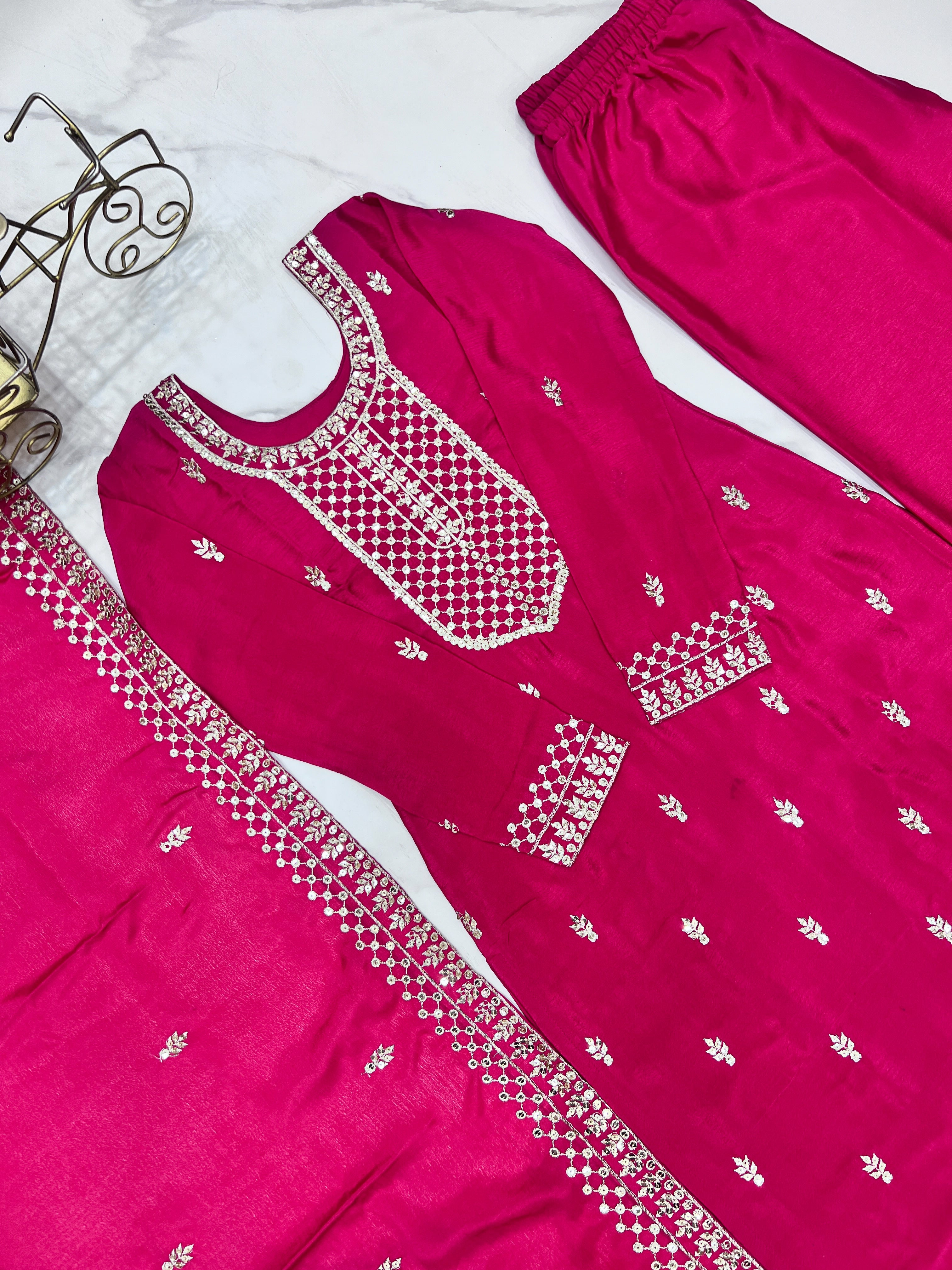 Pink Pure Chinon Silk Fabric With Beautiful Embroidery Sequence And Jari Work Plazzo Set