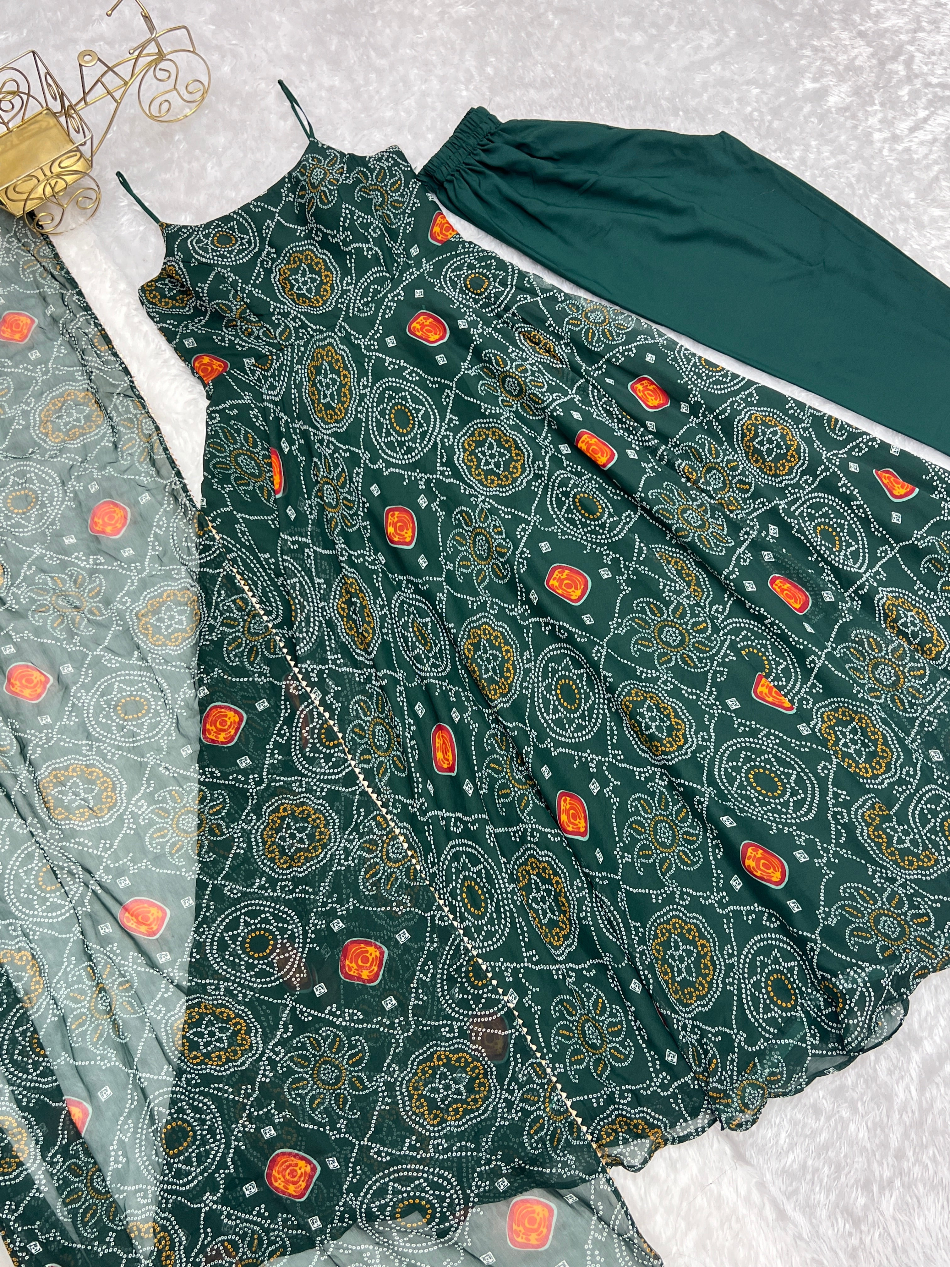 Dark Green Pure Soft Lightweight Chiffon Bandhej Triangle Lace Work Salwar Suit