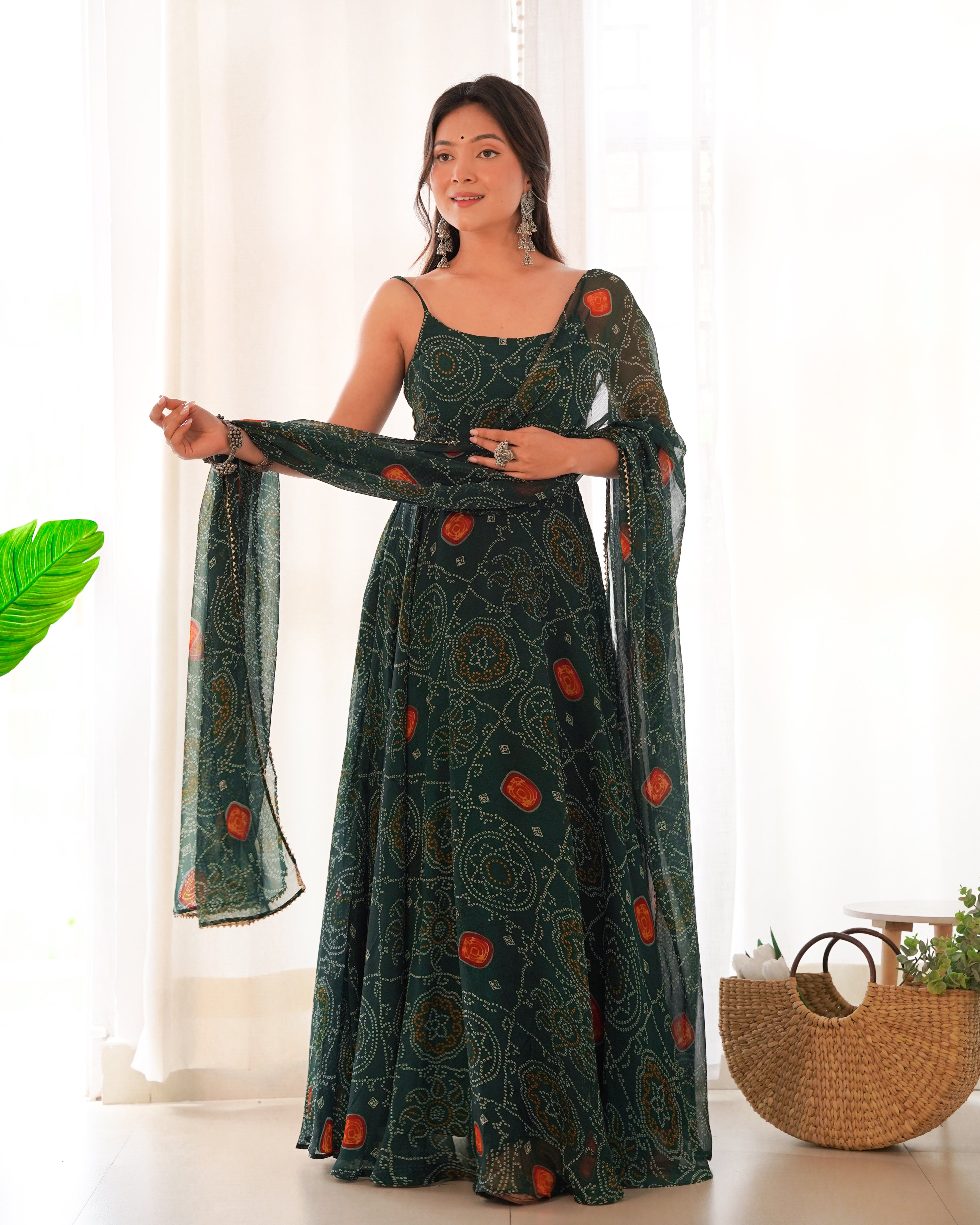 Dark Green Pure Soft Lightweight Chiffon Bandhej Triangle Lace Work Salwar Suit
