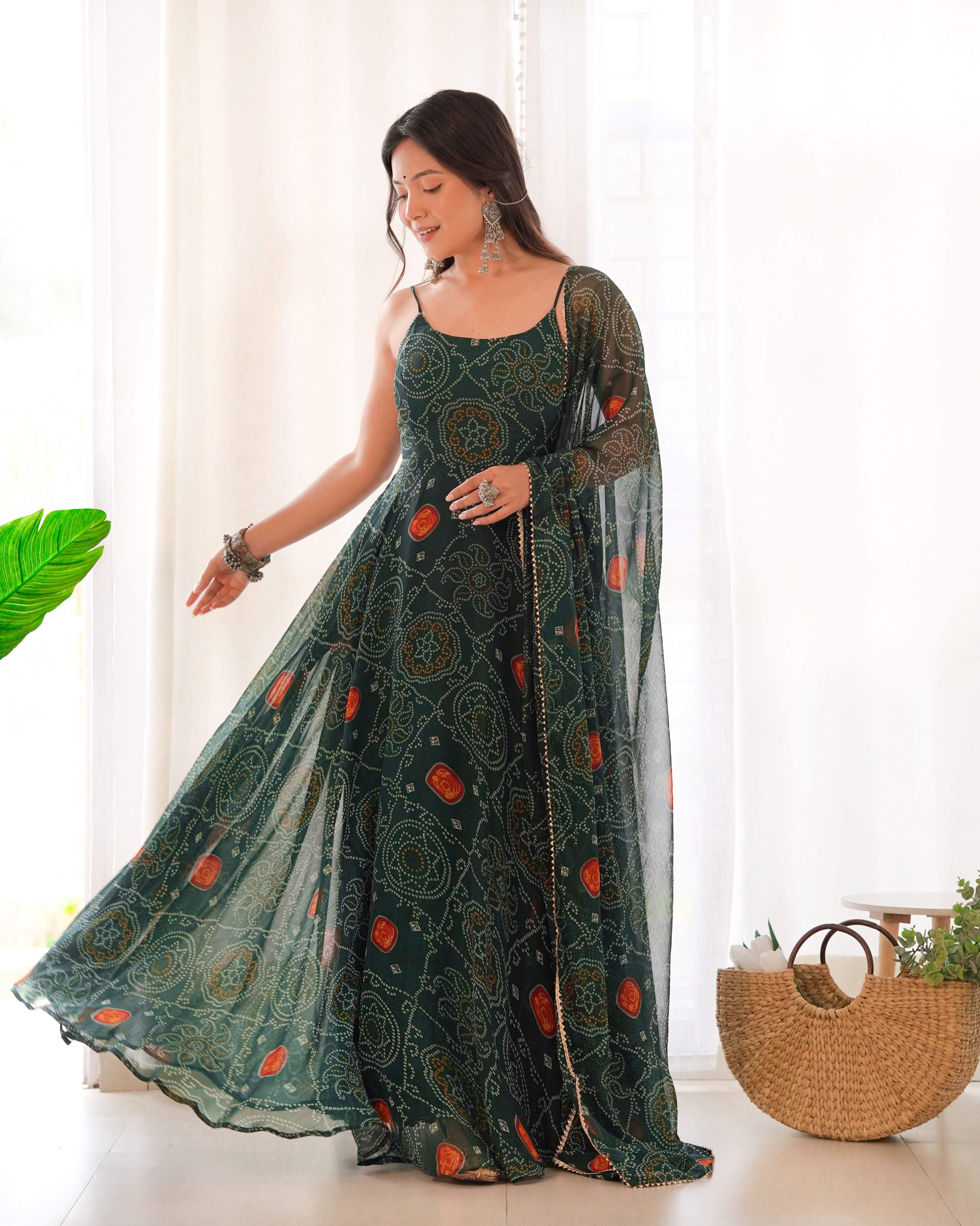 Dark Green Pure Soft Lightweight Chiffon Bandhej Triangle Lace Work Salwar Suit