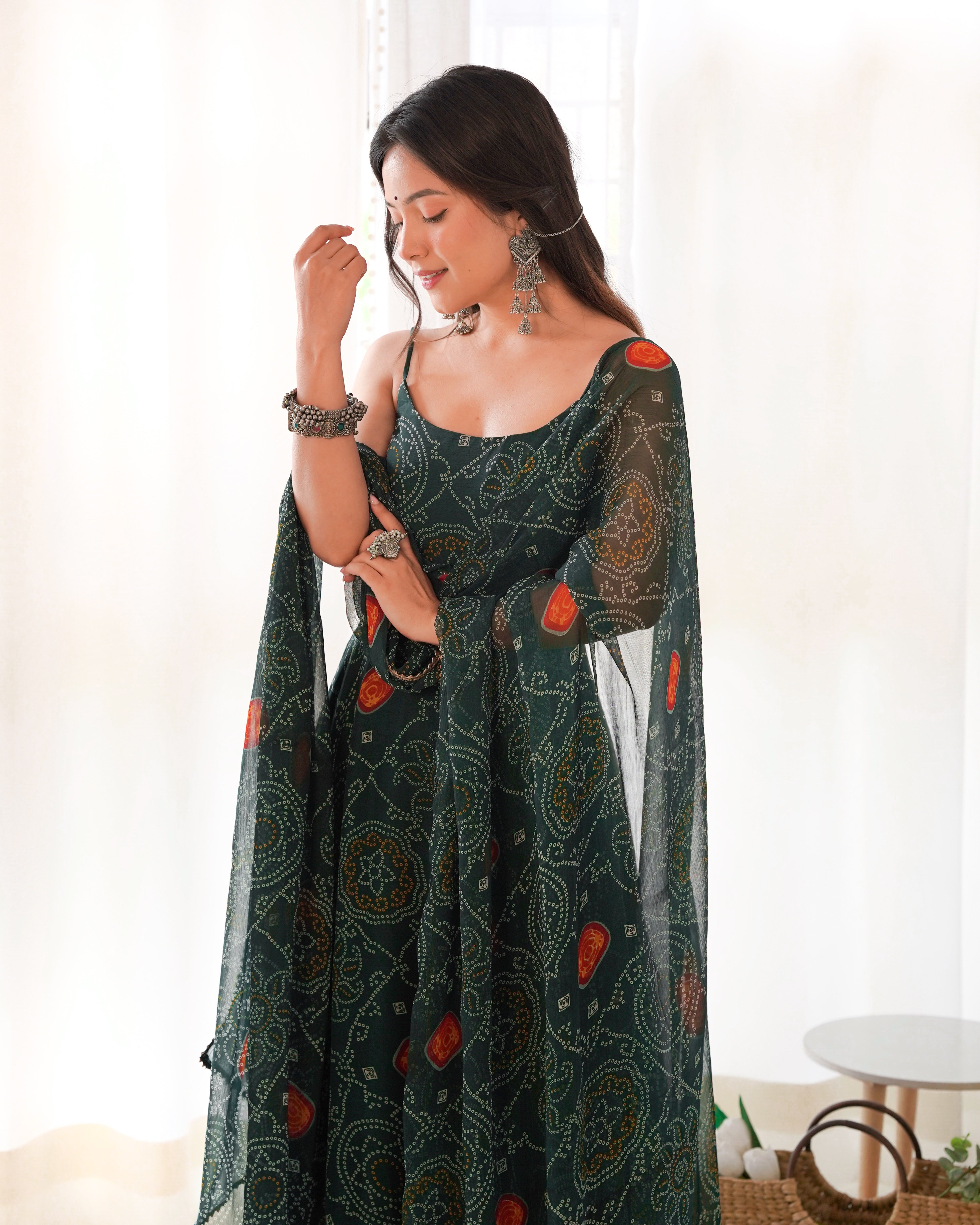 Dark Green Pure Soft Lightweight Chiffon Bandhej Triangle Lace Work Salwar Suit