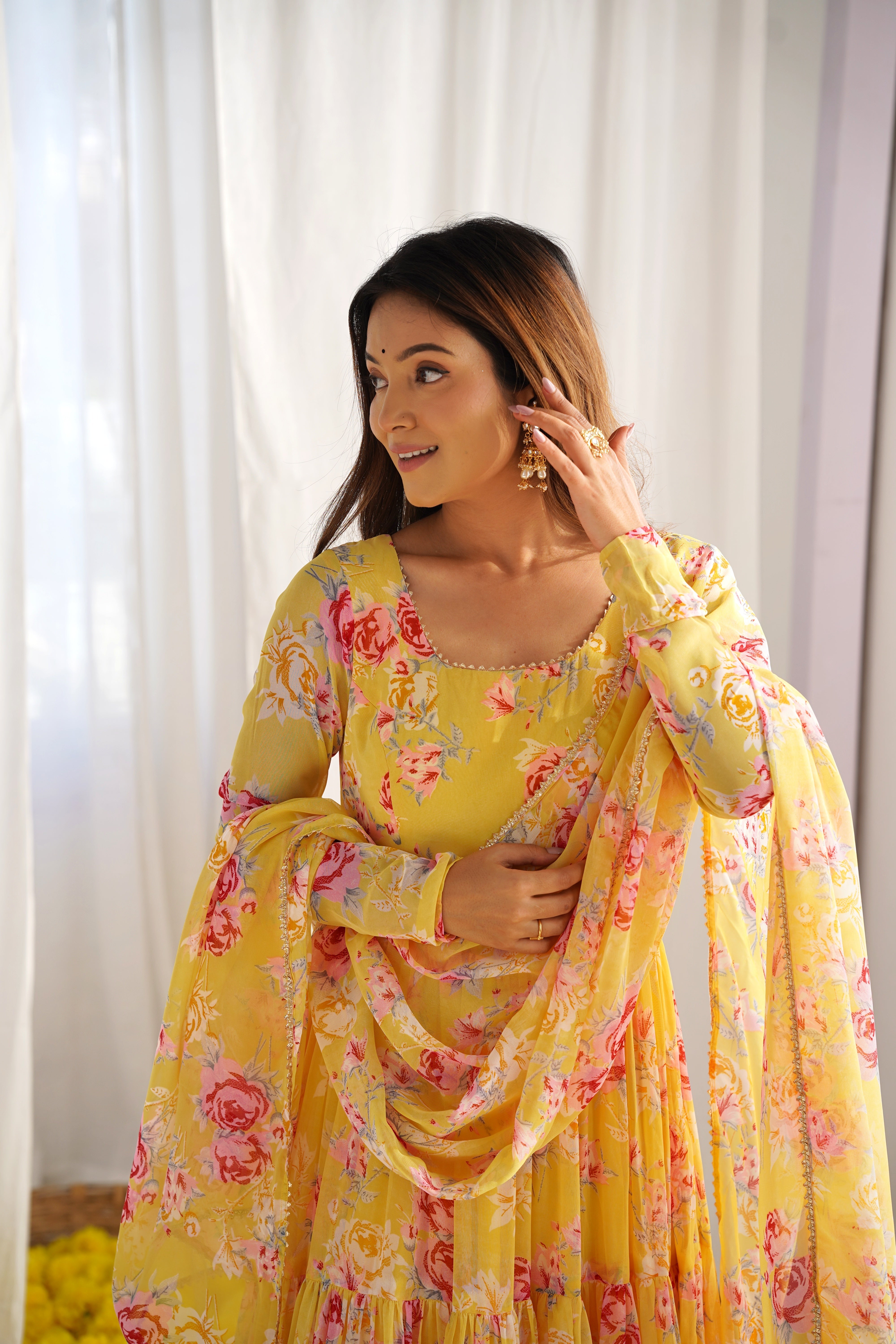 Yellow Heavy Pure Fox Georgette Multi Floral Print Suit