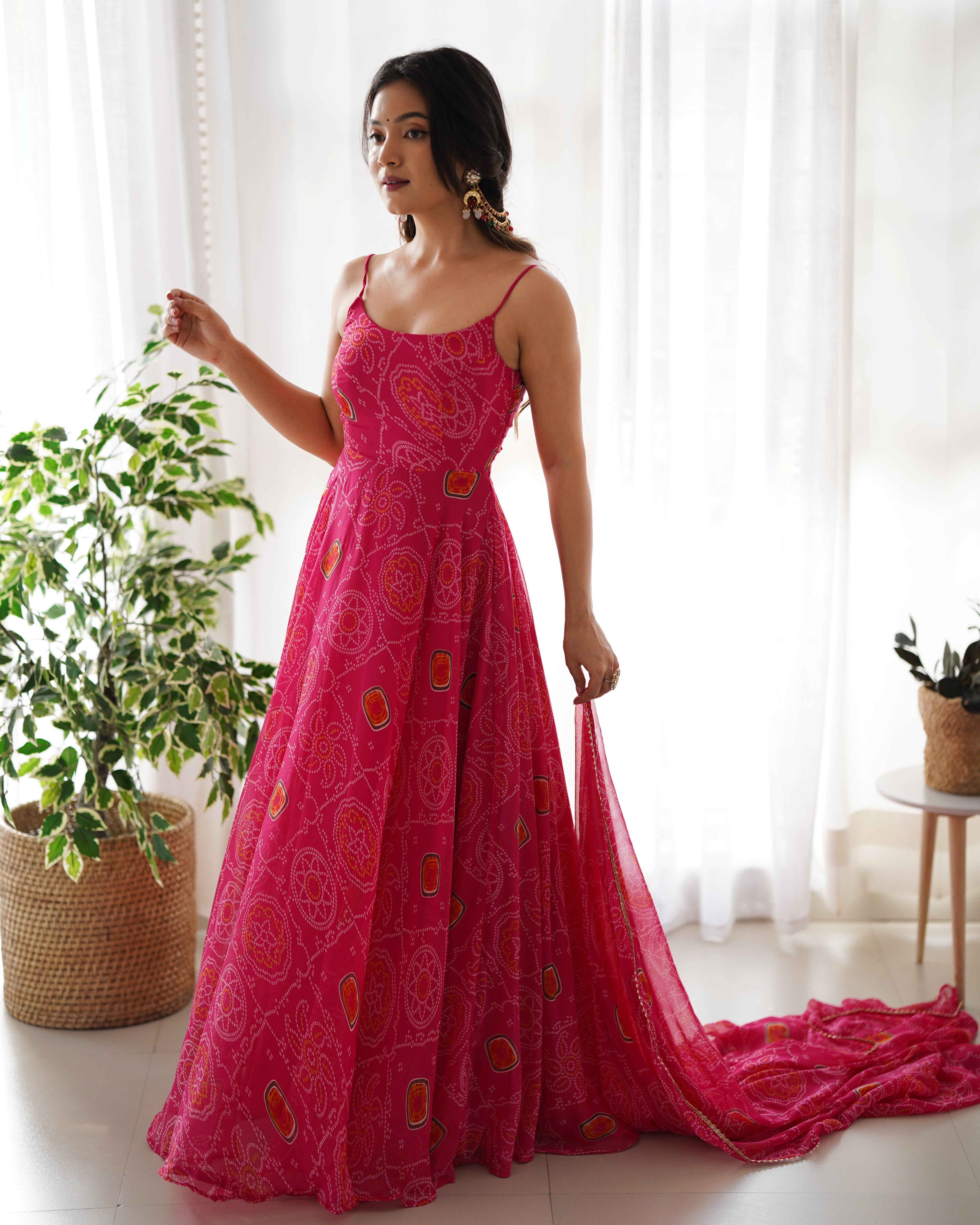 Pink Pure Soft Lightweight Chiffon Bandhej Triangle Lace Work Salwar Suit