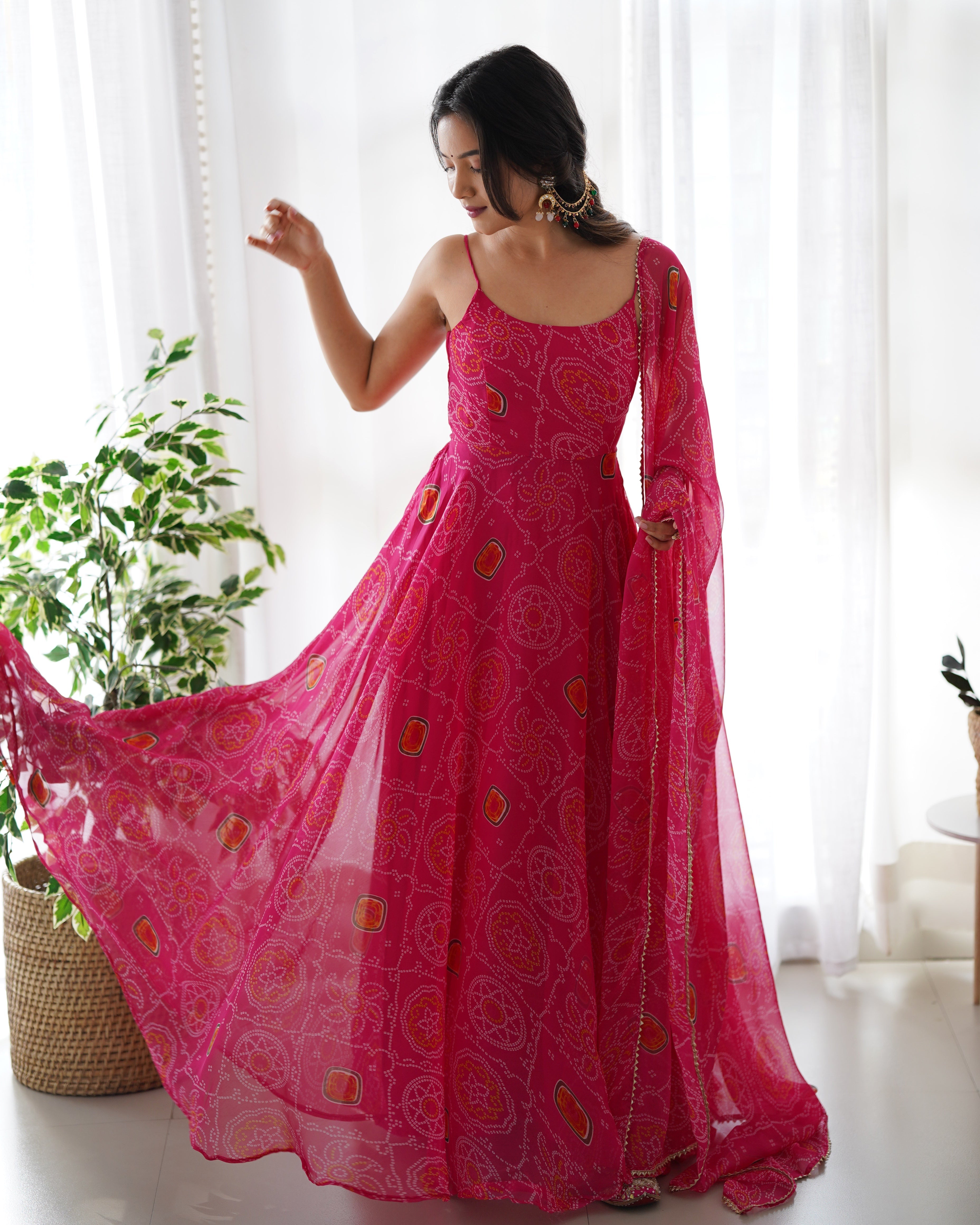 Pink Pure Soft Lightweight Chiffon Bandhej Triangle Lace Work Salwar Suit